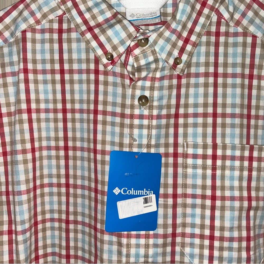 Columbia Men’s Red, Brown & Light Blue Plaid Button-Down Shirt